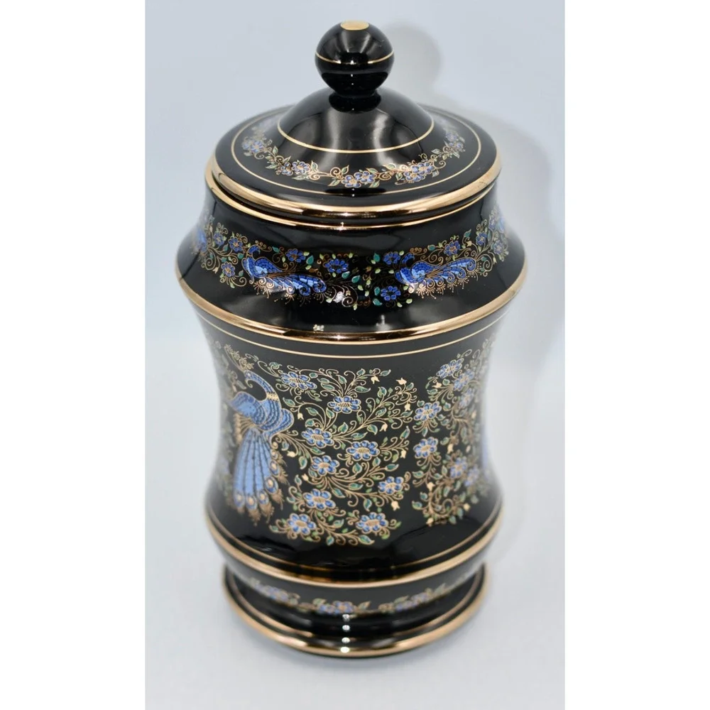 Anapale Greece Back Lidded Canister Jar 24k Gilded Hand Painted Peacock Birds